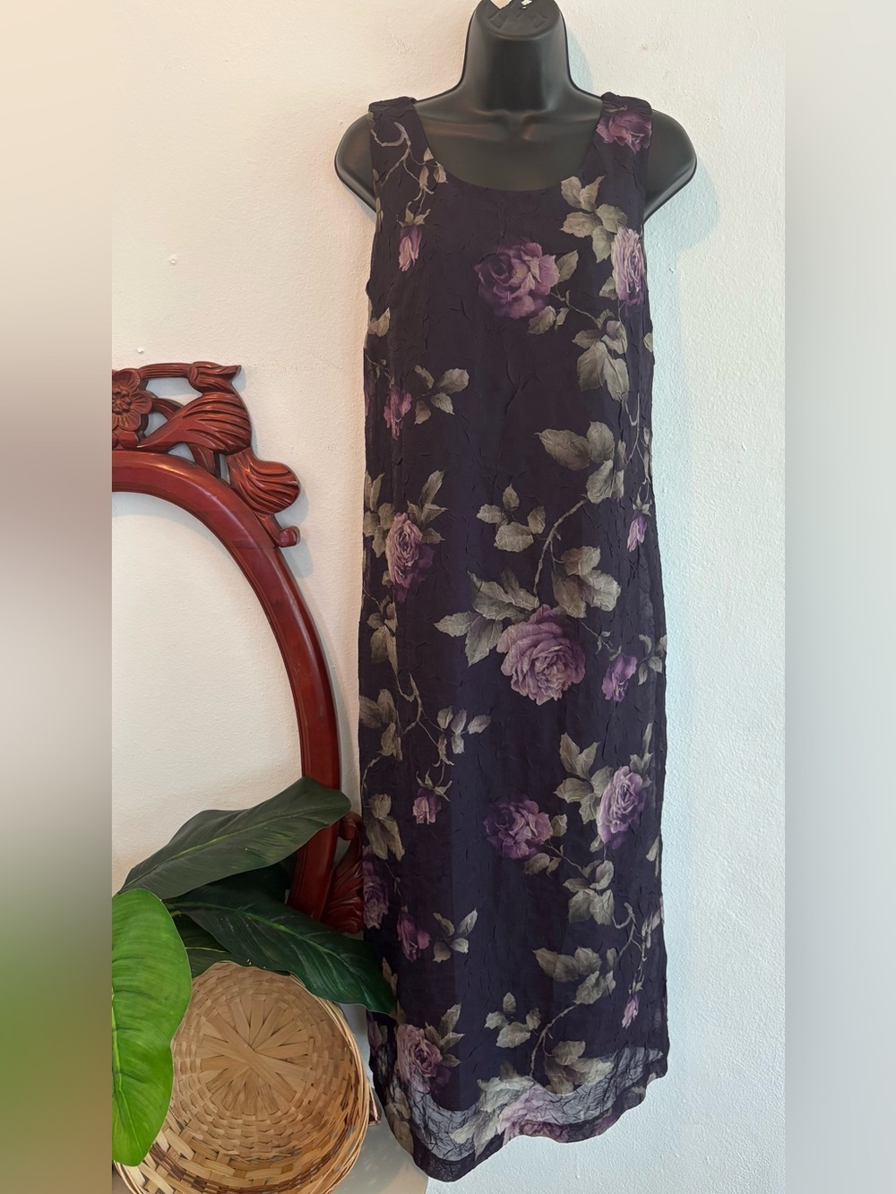 Vintage Sleeveless Purple Floral Crinkle Overlay Whimsigoth Maxi Dress